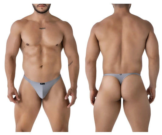 Gray xtremen 91232 microfiber thong with form-fitting design and small black logo on front and back sides