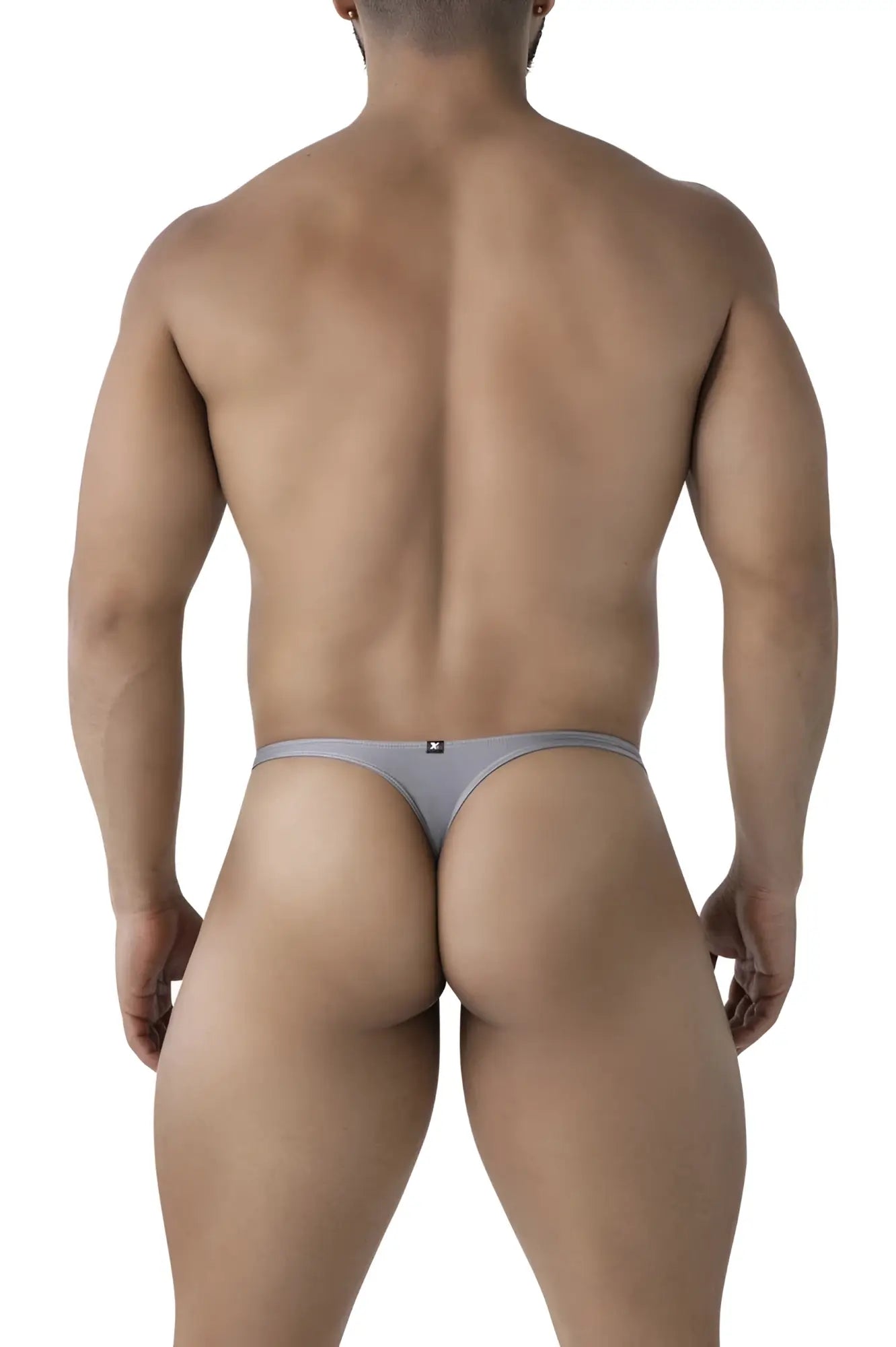 Back side of gray xtremen 91232 microfiber thong with form-fitting design and subtle logo on the backband