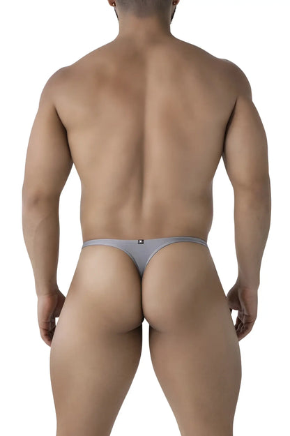 Back side of gray xtremen 91232 microfiber thong with form-fitting design and subtle logo on the backband