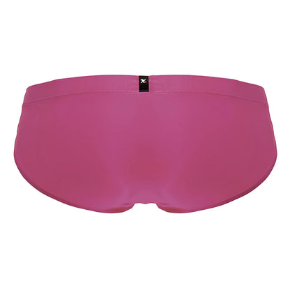 A vibrant fuchsia xtremen 91233 microfiber men’s brief with smooth stretchy fabric and black brand tag at the waistband