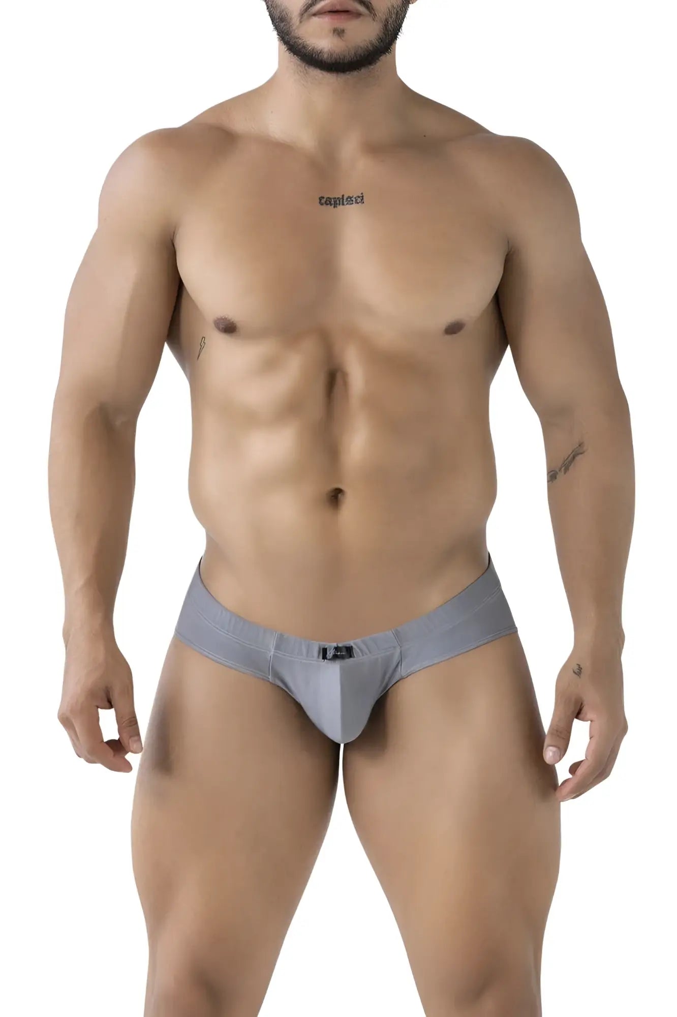 Gray xtremen 91233 microfiber men’s briefs with a subtle logo on the waistband front view