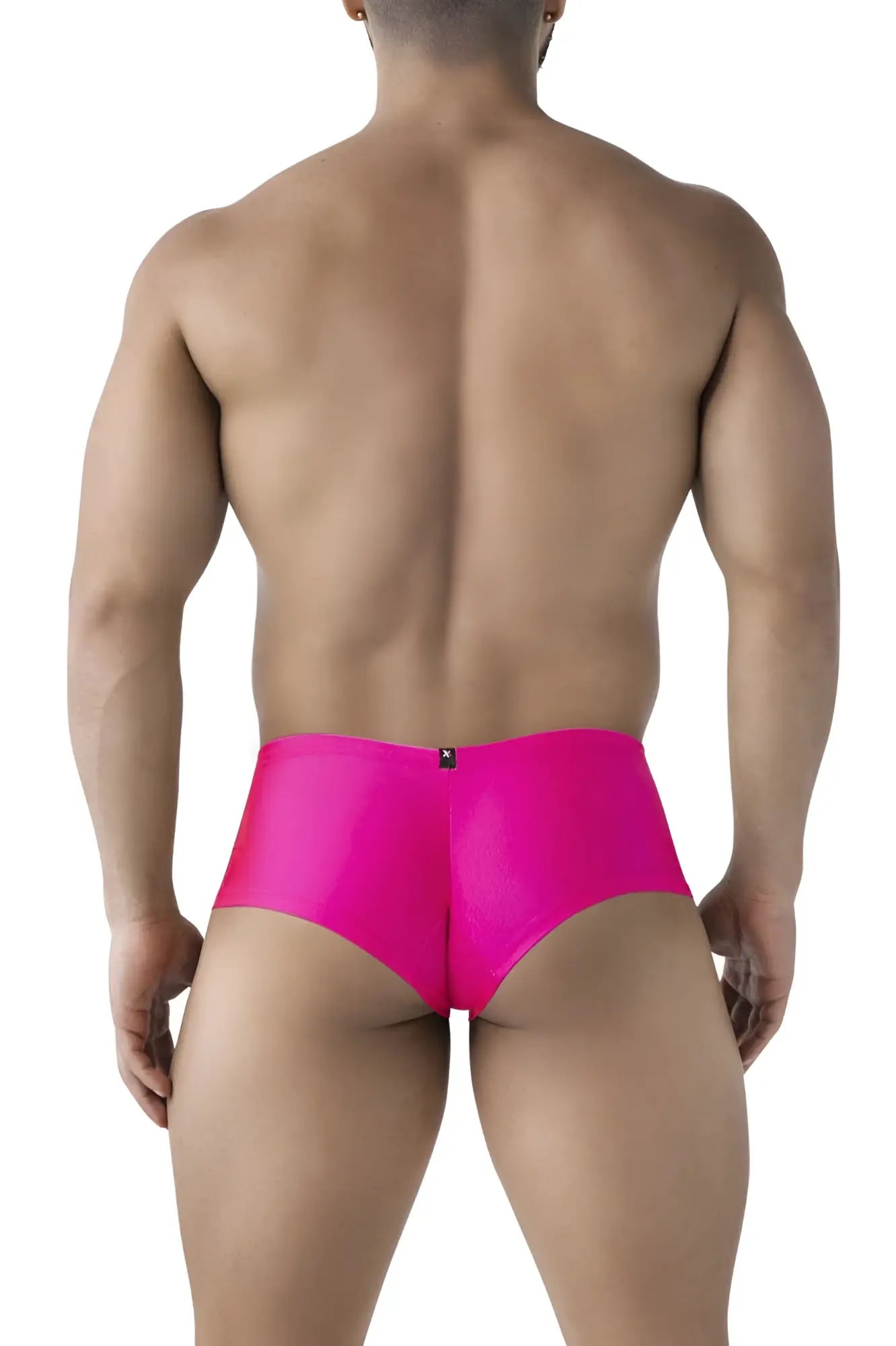 Back view of xtremen 91234 microfiber trunks in fuchsia bright pink shiny satin briefs with small black logo
