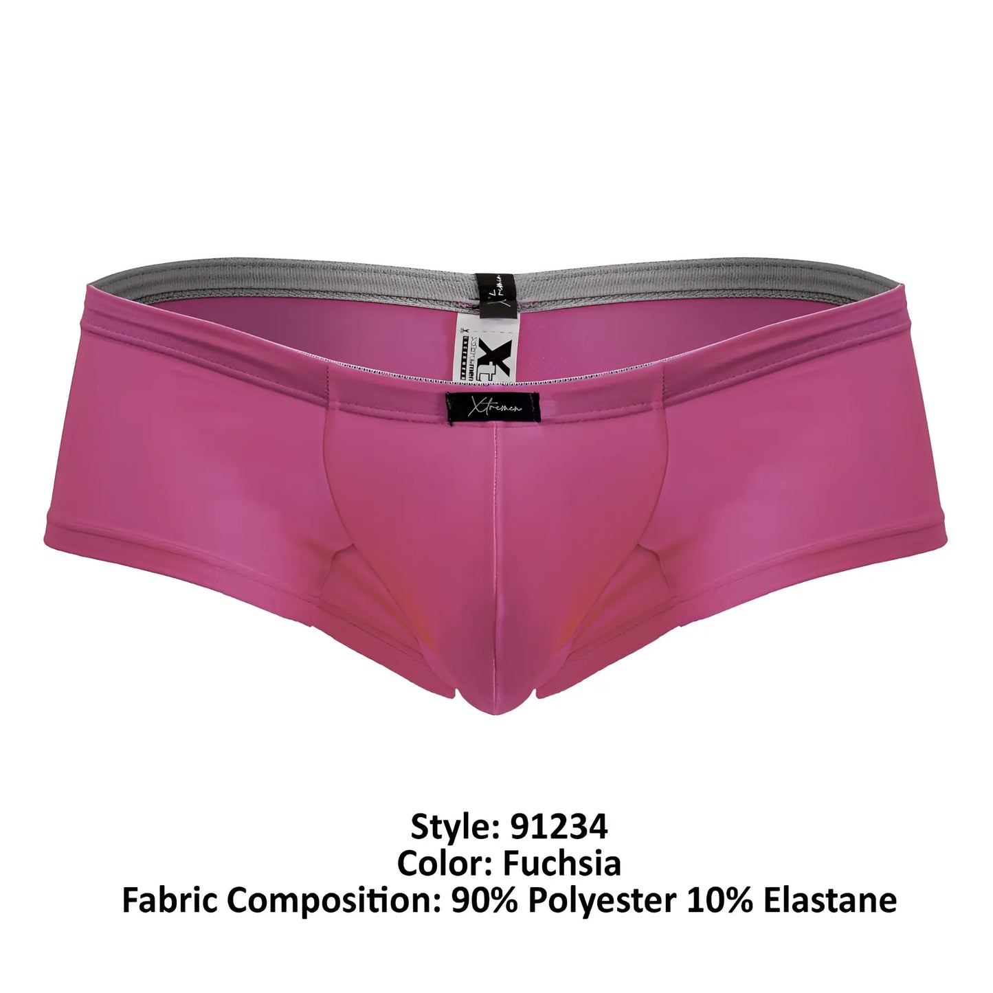 Fuchsia Xtremen 91234 microfiber men’s briefs with gray elastic waistband and black brand tags front view