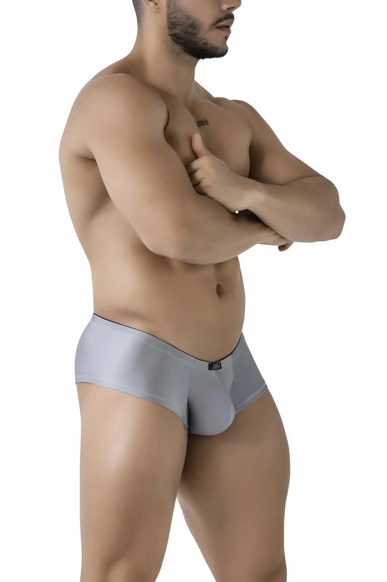 Silver metallic microfiber briefs in gray with a sleek form-fitting design and subtle brand logo on the waistband