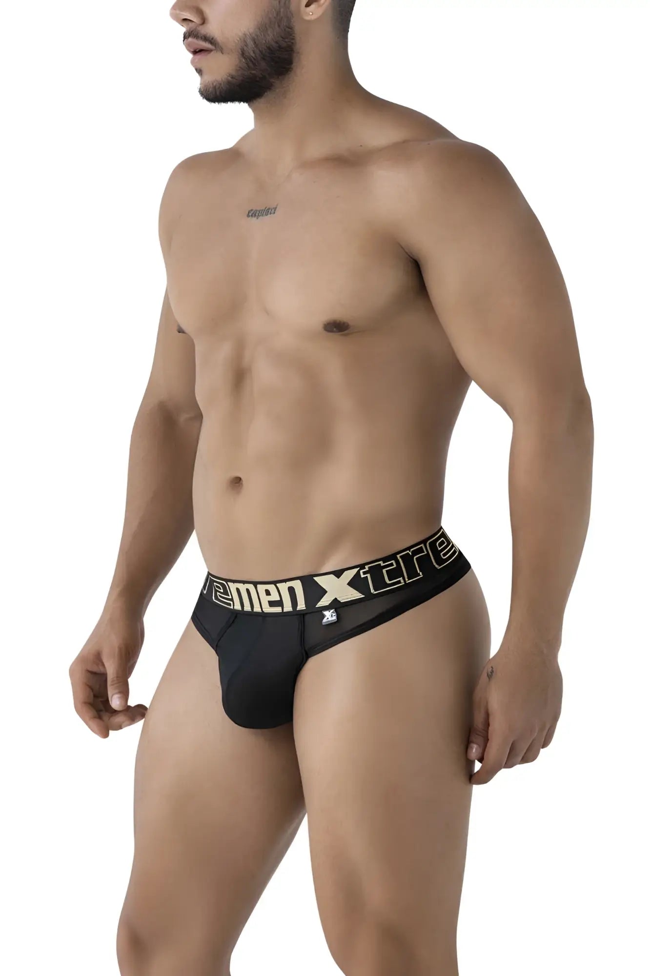 Black xtremen 91235 microfiber thongs with bold white and gold xtreme logo on the waistband