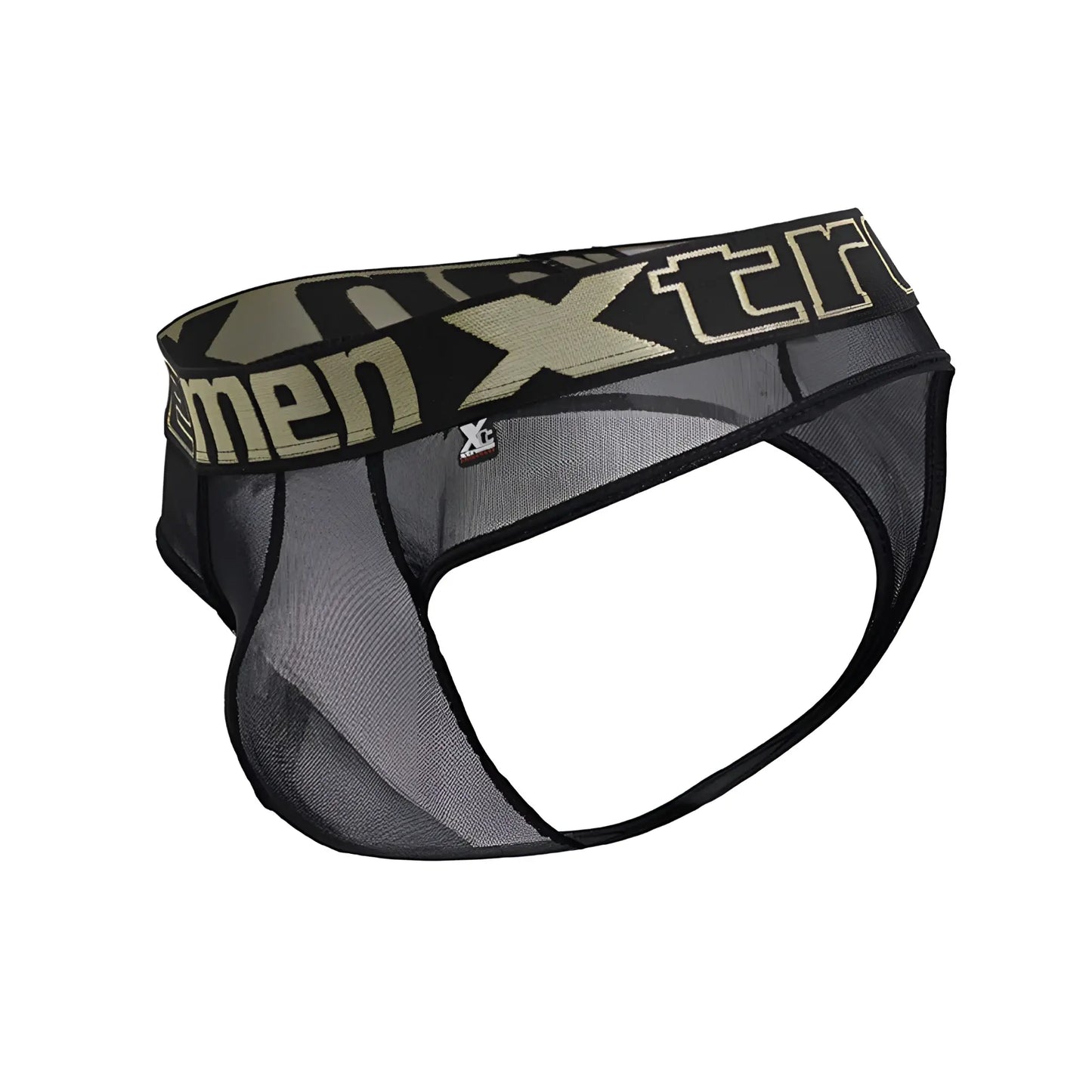 Black mesh men’s briefs with camouflage waistband and gold xtreme branding from Xtremen 91235 microfiber thongs