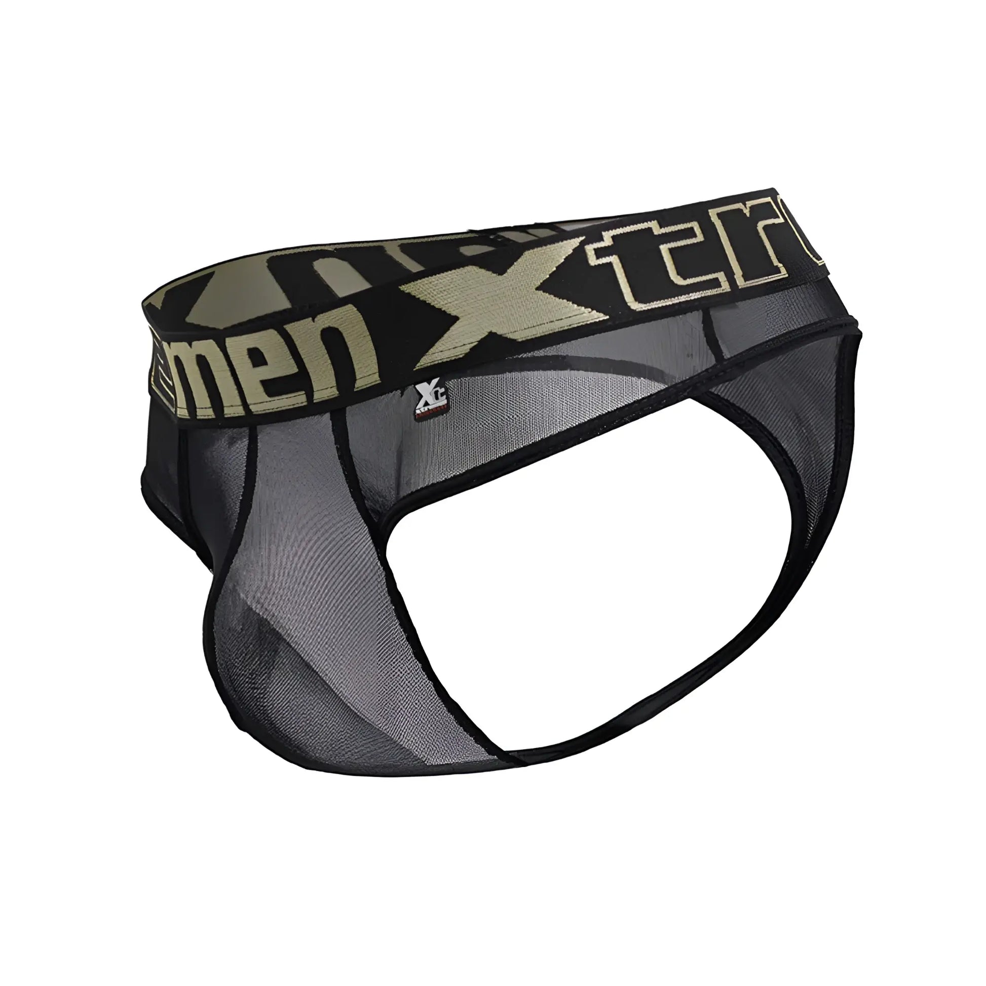 Black mesh men’s briefs with camouflage waistband and gold xtreme branding from Xtremen 91235 microfiber thongs
