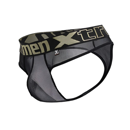 Black mesh men’s briefs with camouflage waistband and gold xtreme branding from Xtremen 91235 microfiber thongs