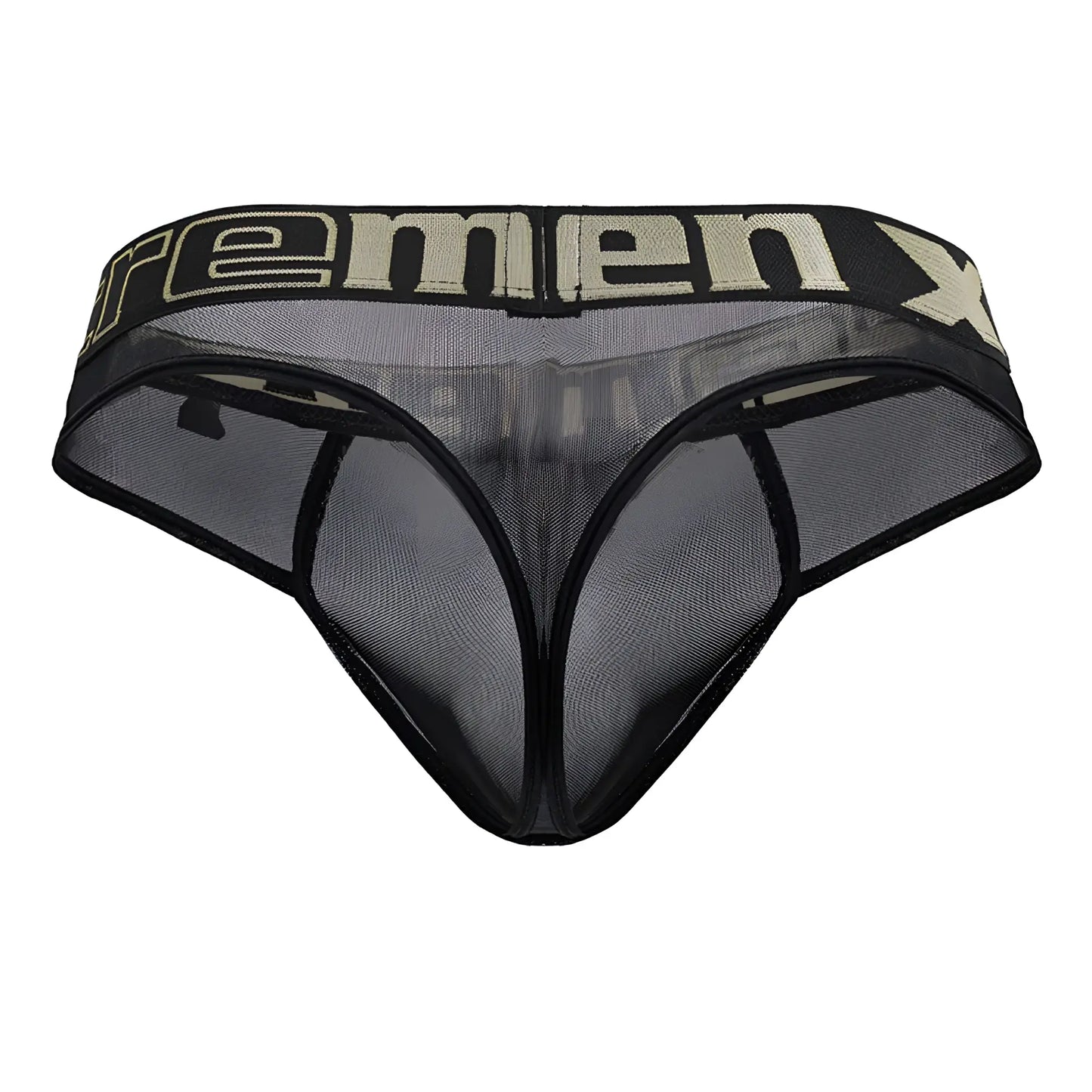 Black mesh microfiber men’s thong with beige remenx logo band from xtremen 91235 in black color