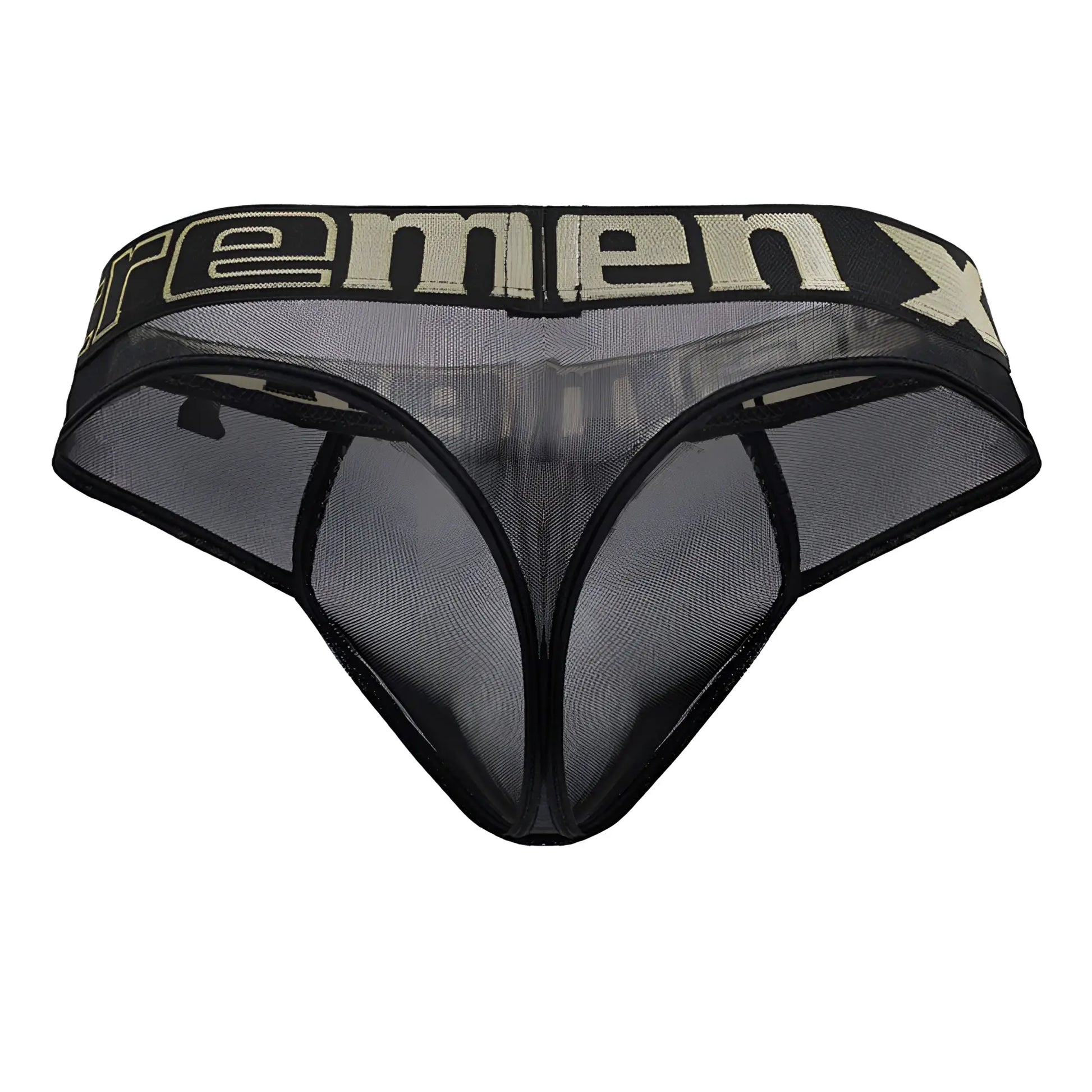 Black mesh microfiber men’s thong with beige remenx logo band from xtremen 91235 in black color