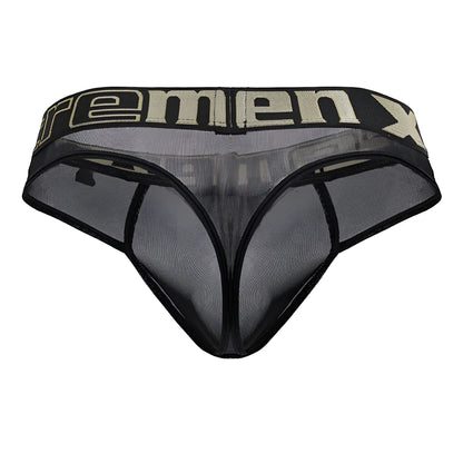 Black mesh microfiber men’s thong with beige remenx logo band from xtremen 91235 in black color