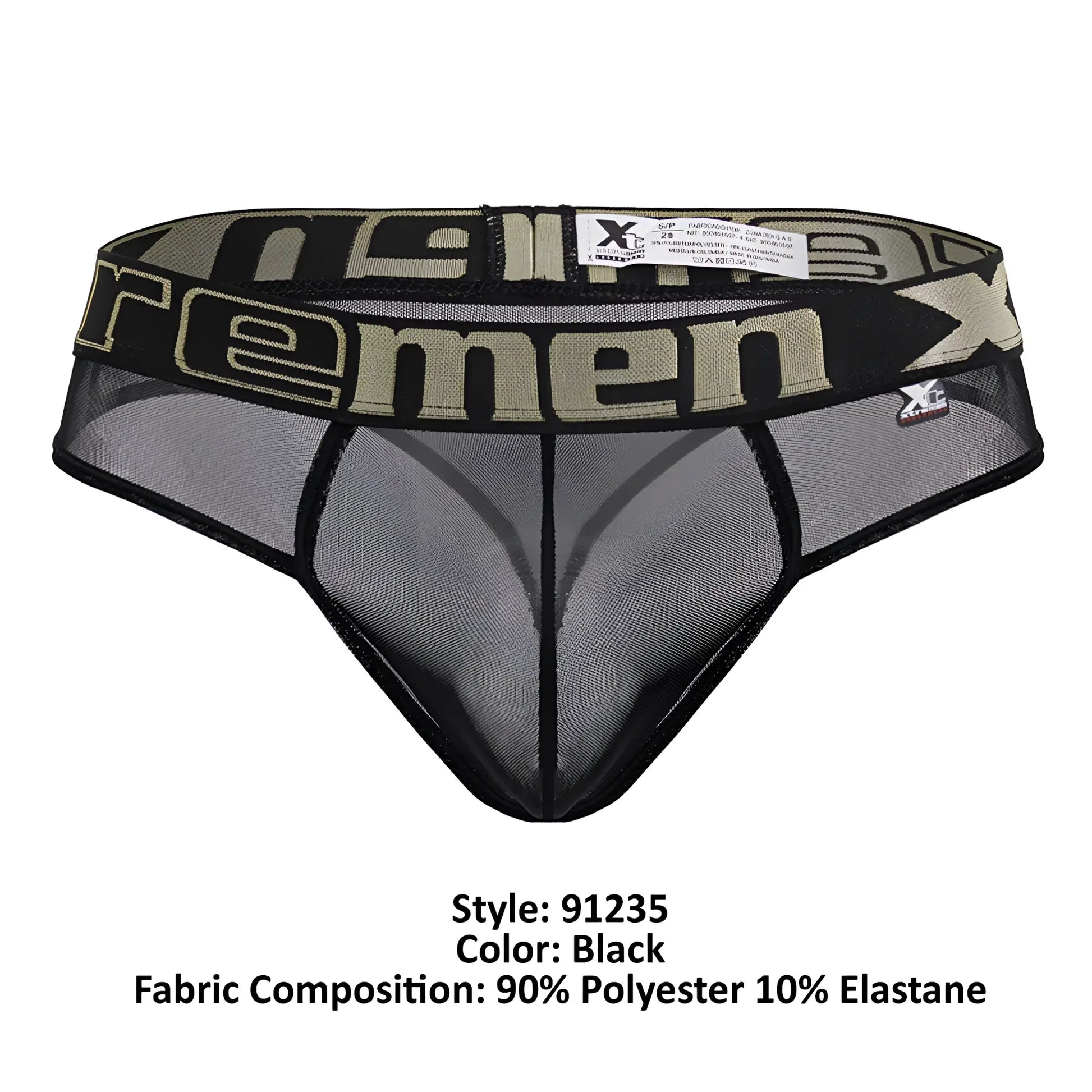 Black xtremen 91235 microfiber men’s thong underwear with mesh fabric and bold olive green and black xtreme logo band
