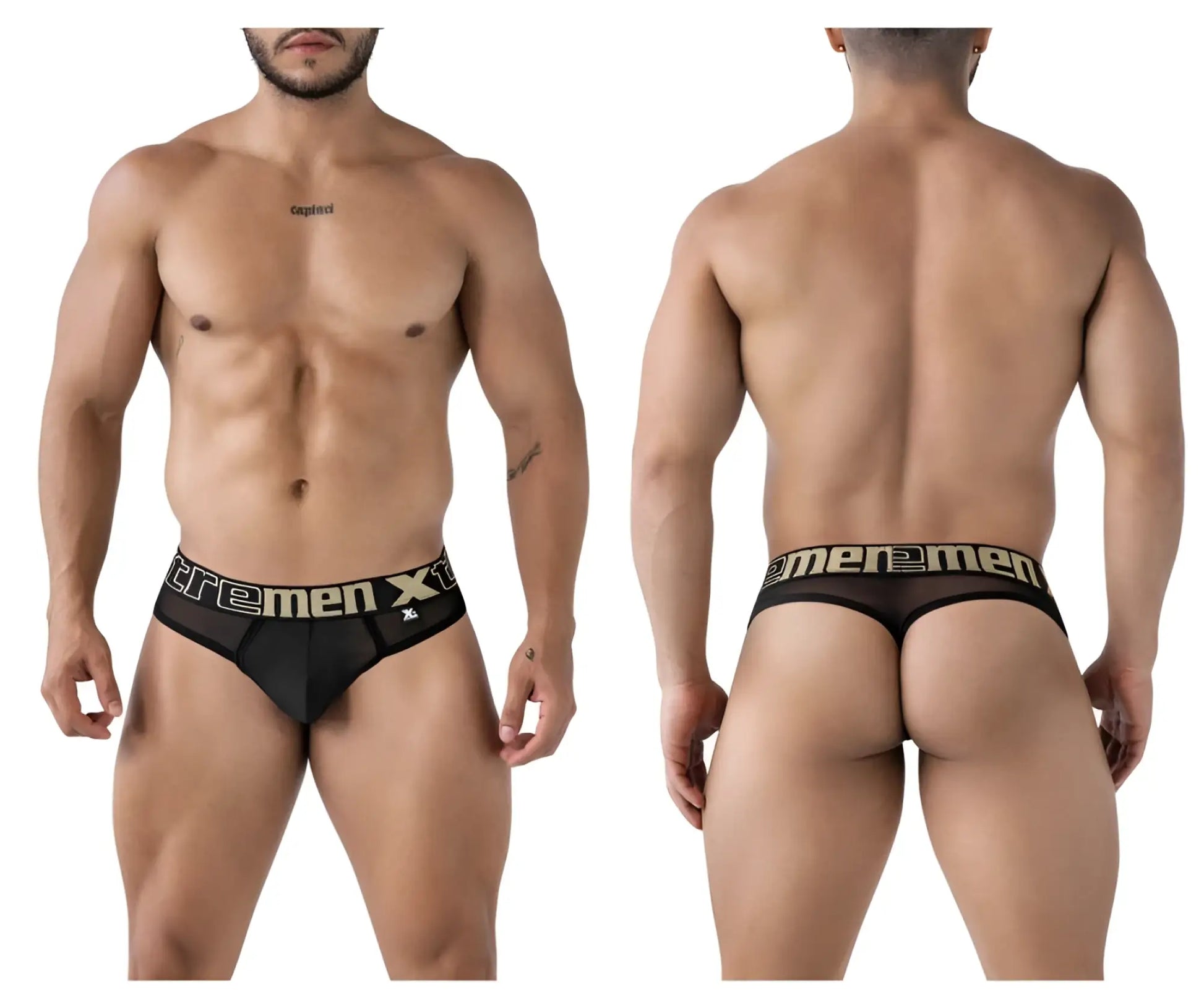Black mesh microfiber thong with gold xtremen x branding on the waistband from xtremen 91235 collection