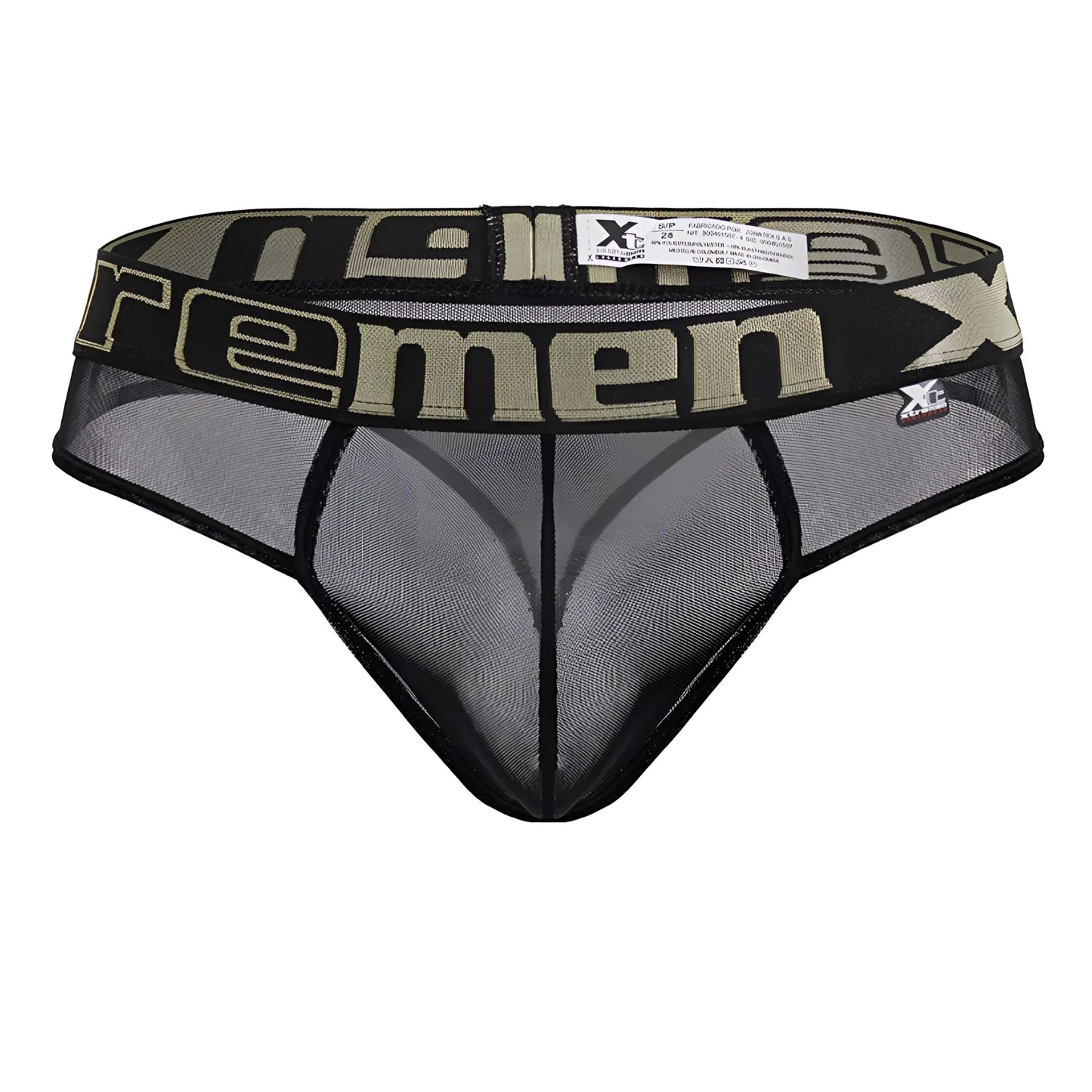 Black Xtremen 91235 microfiber thong with black mesh, wide waistband featuring olive green xtreme branding and adjustable band
