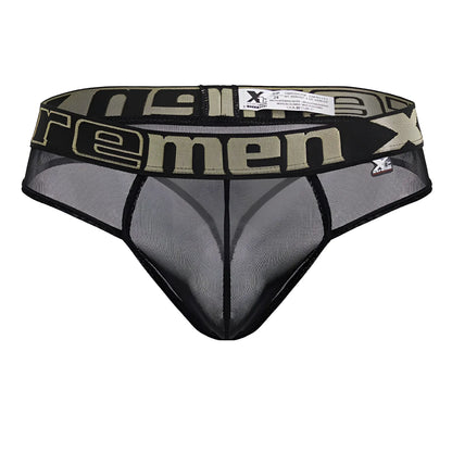 Black Xtremen 91235 microfiber thong with black mesh, wide waistband featuring olive green xtreme branding and adjustable band