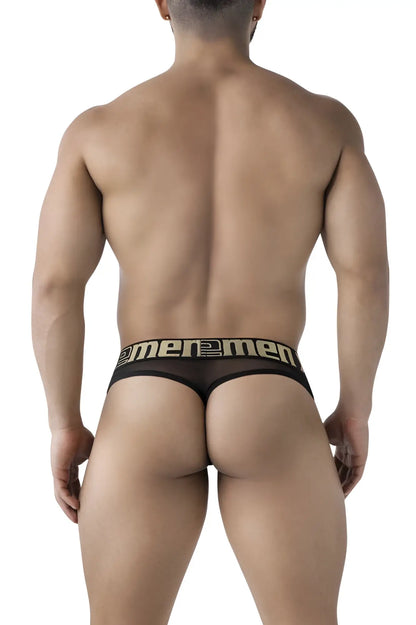 Black sheer microfiber thong with bold gold ememen logo band xtremen 91235 for everyday wear