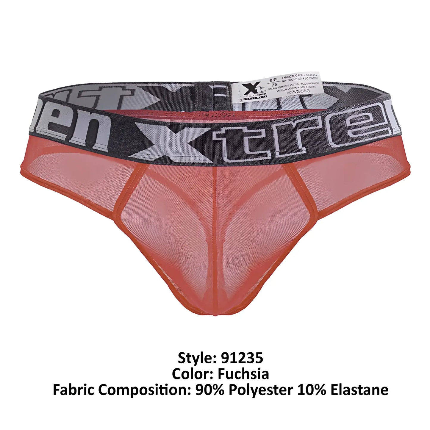 Fuchsia microfiber mesh thong with black and gray elastic waistband featuring xtreme logo from xtremen 91235 collection