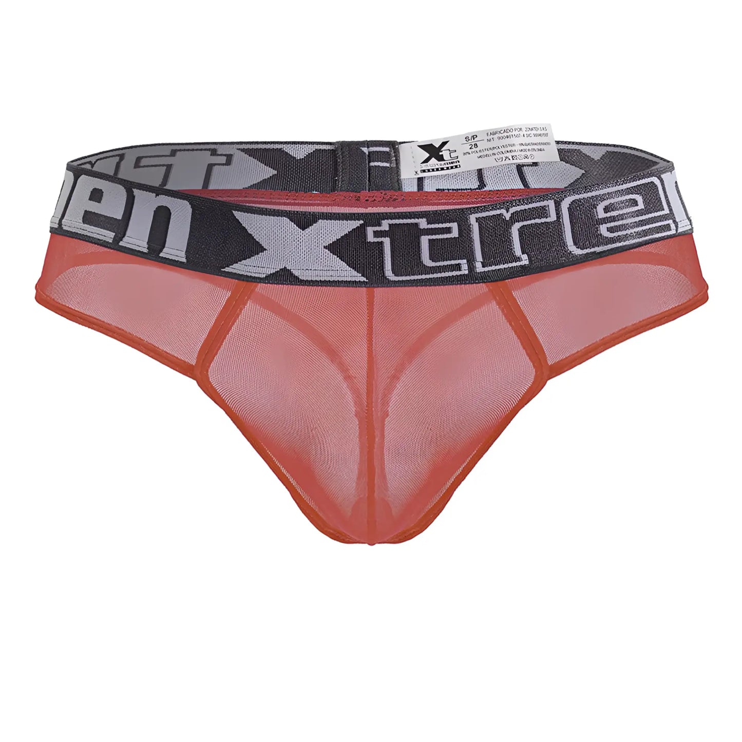 Orange mesh microfibre thong with gray and black xtreme elastic waistband in fuchsia color front view