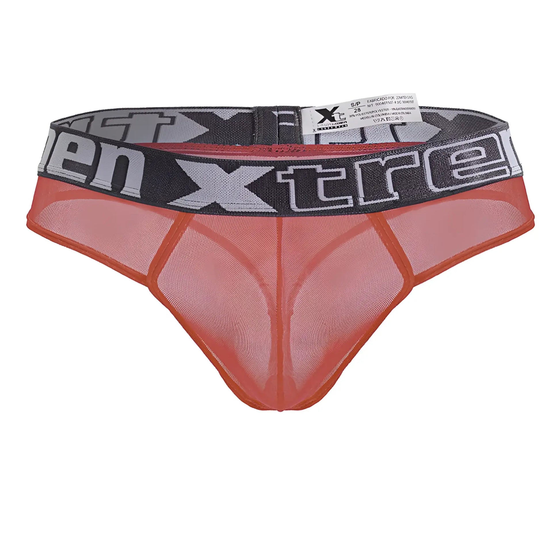 Orange mesh microfibre thong with gray and black xtreme elastic waistband in fuchsia color front view