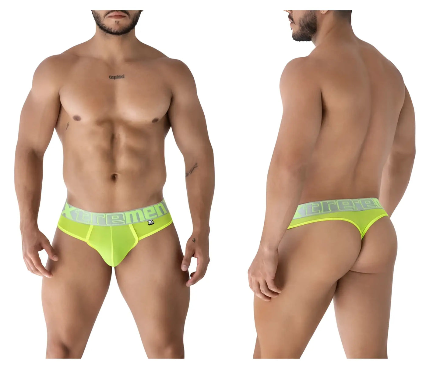 Bright neon green xtremen 91235 microfiber men’s briefs with light gray elastic waistband and xtrememen logo