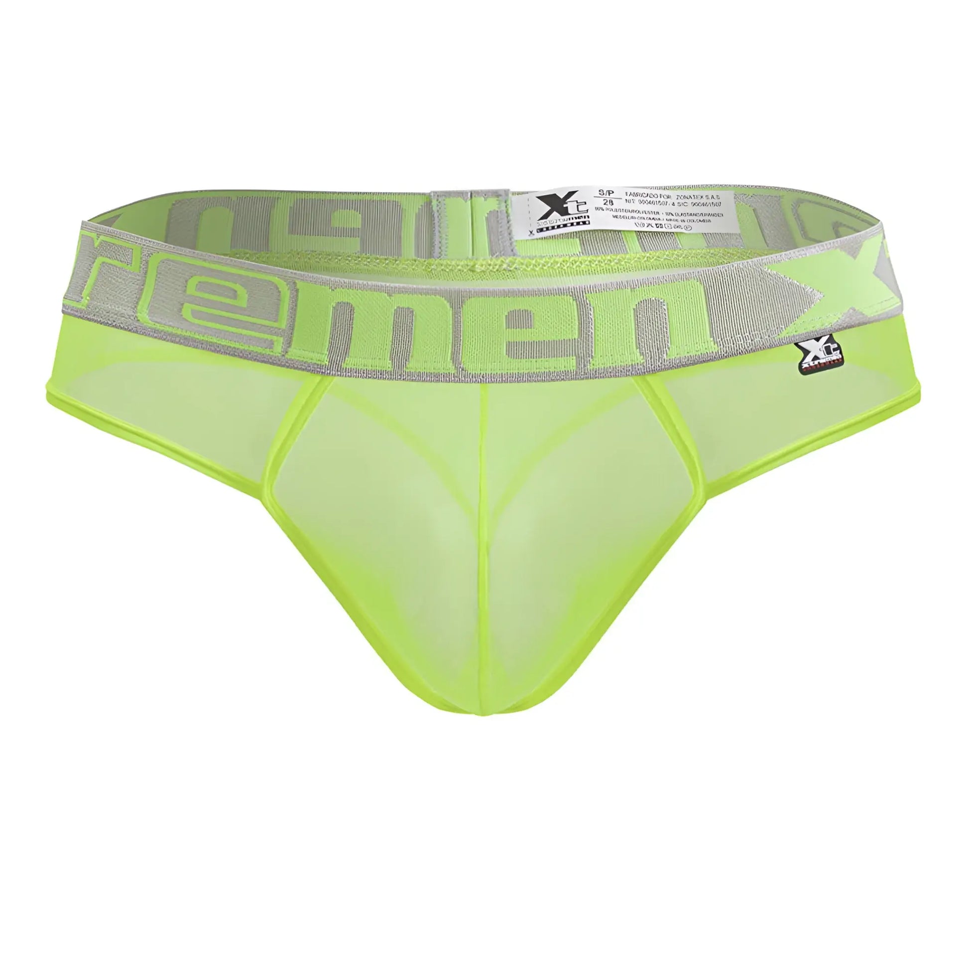 Bright neon green microfiber mesh briefs with gray elastic xc logo waistband from Xtremen 91235 micro thong line