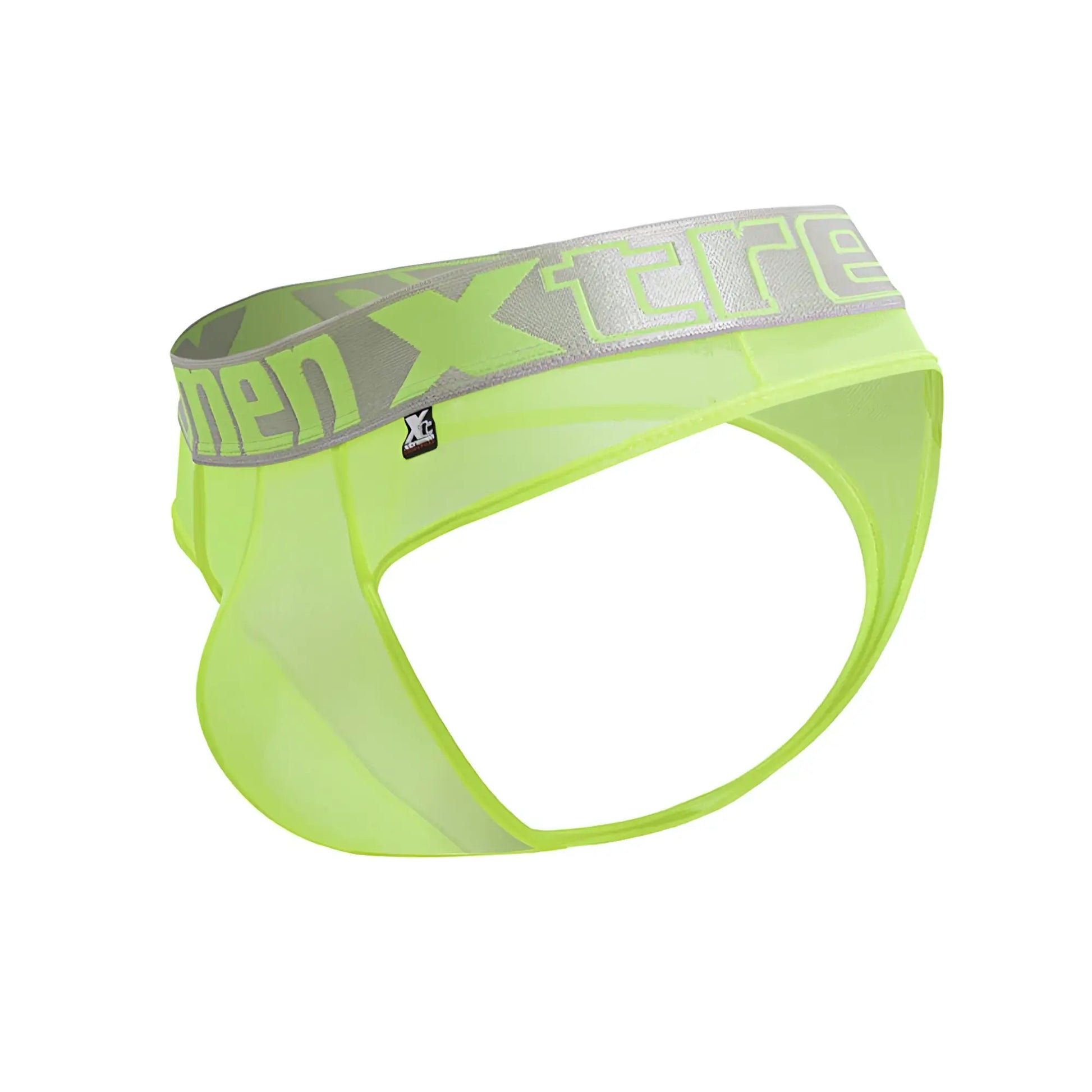 Xtremen 91235 microfiber neon green mesh briefs with gray elastic waistband featuring xtreme logo in neon green