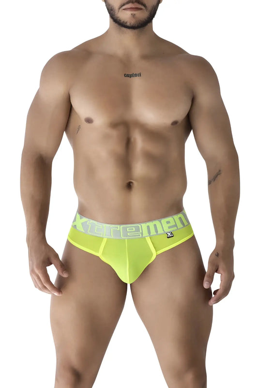Bright neon yellow microfiber men’s briefs with matching xtremen elastic waistband in gray lettering