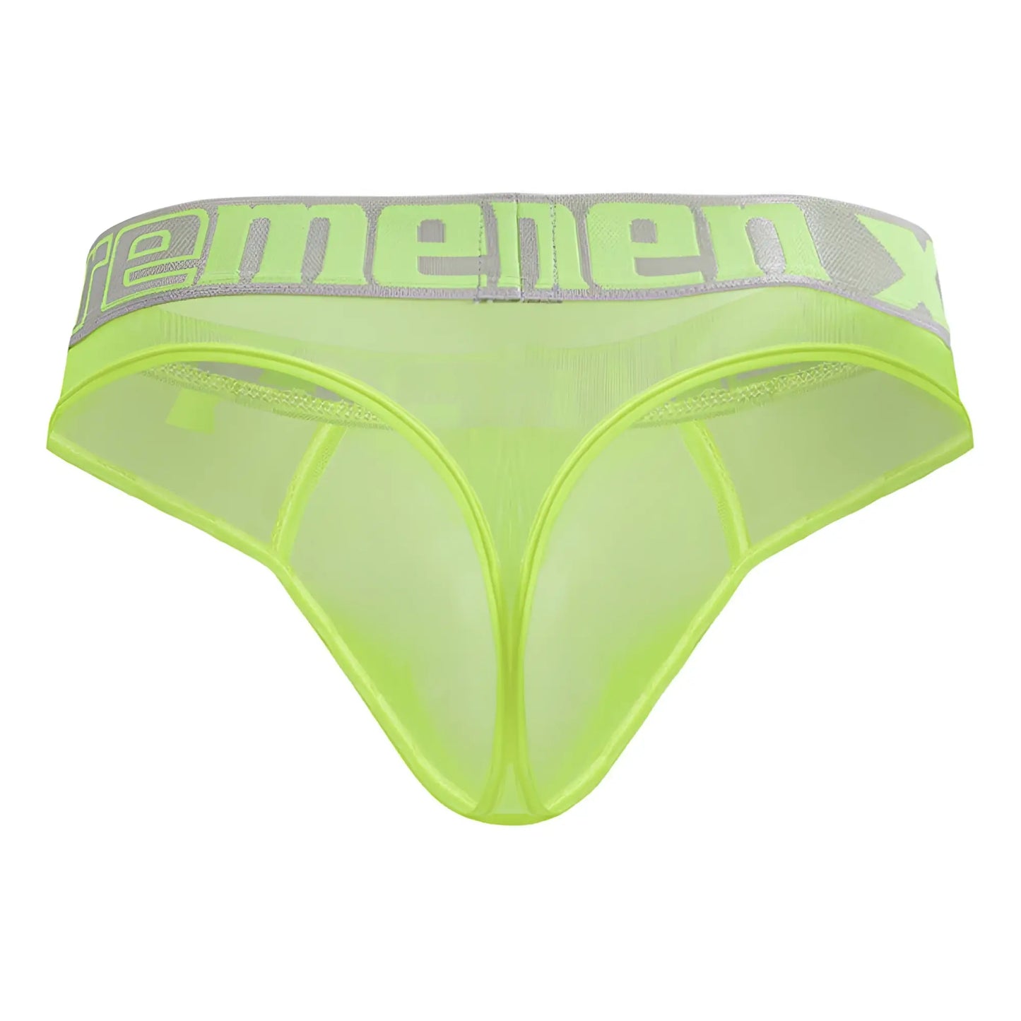 Lime green sheer mesh menenx briefs with gray elastic waistband xtremen 91235 microfiber thongs neon green