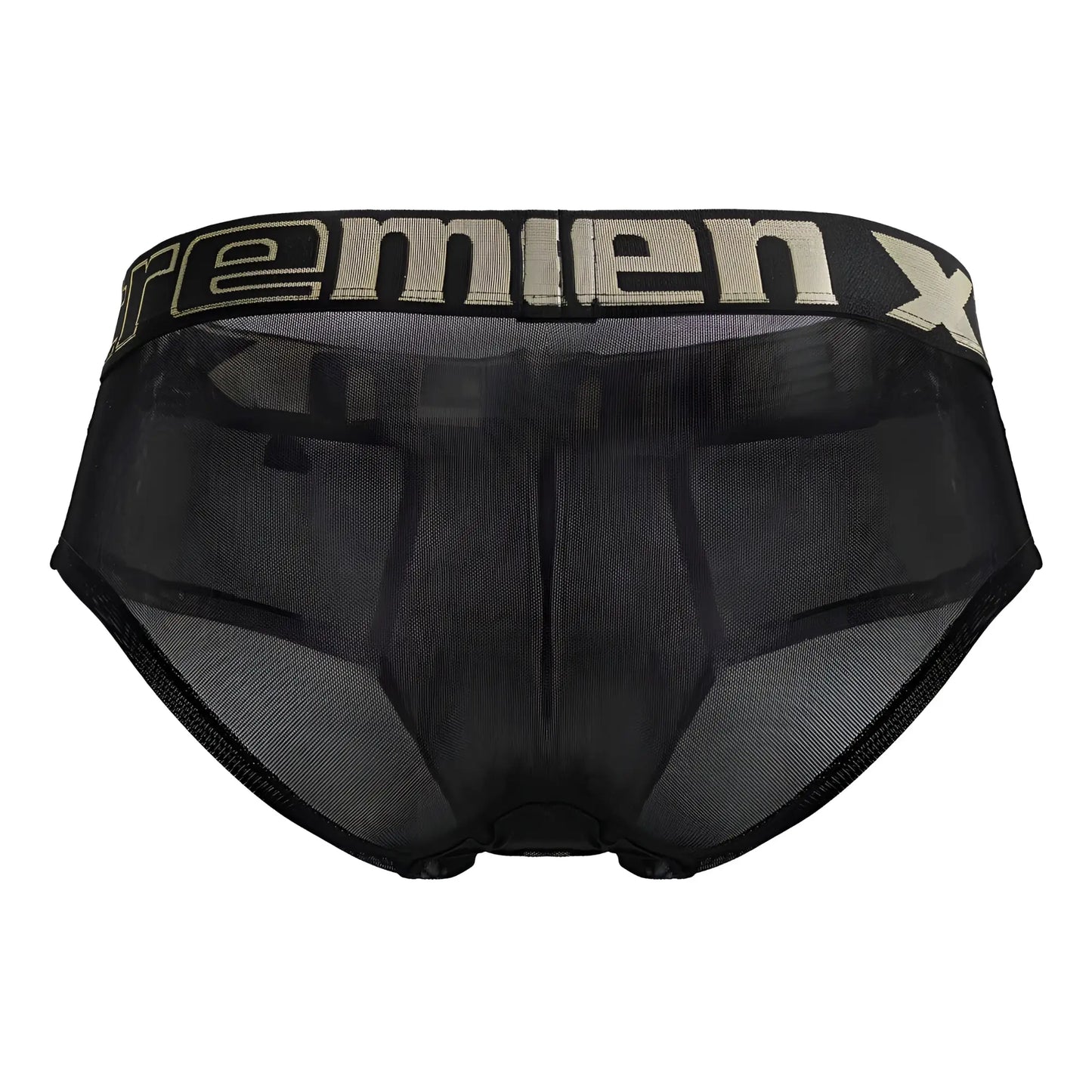 Black xtremen 91236 microfiber briefs for men featuring breathable mesh fabric and a beige remien x logo waistband
