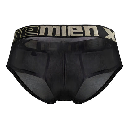Black xtremen 91236 microfiber briefs for men featuring breathable mesh fabric and a beige remien x logo waistband