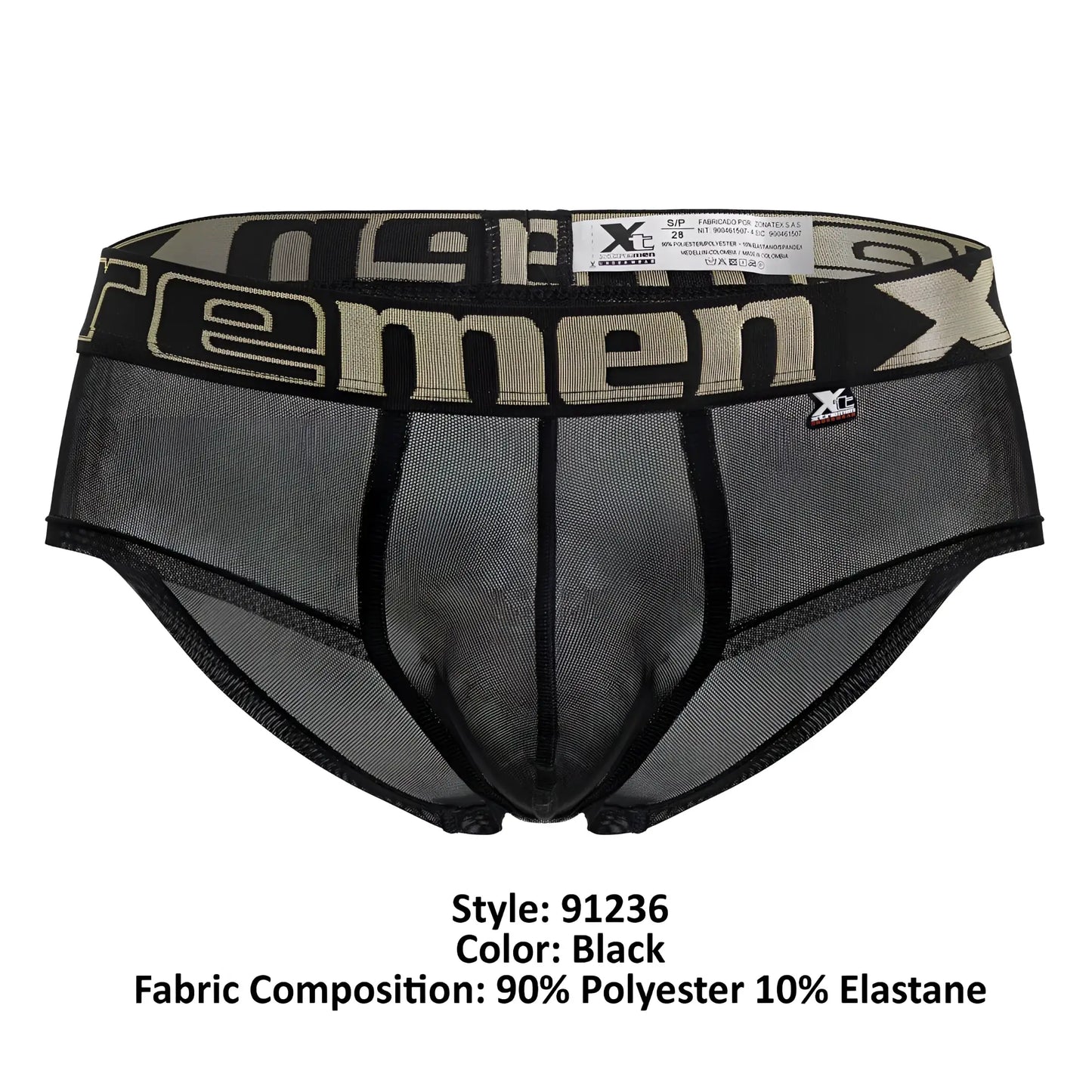 Black xtremen 91236 microfiber briefs for men featuring breathable mesh fabric and a wide elastic waistband with xc men logo