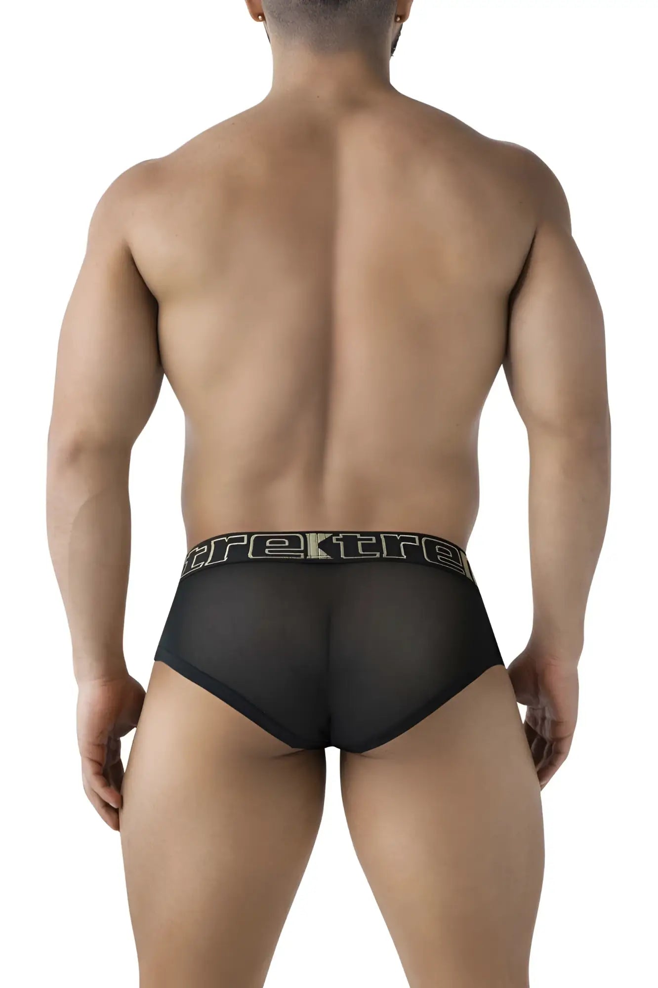 Black Xtremen 91236 microfiber briefs with sheer mesh fabric and a black elastic waistband featuring silver trek logo