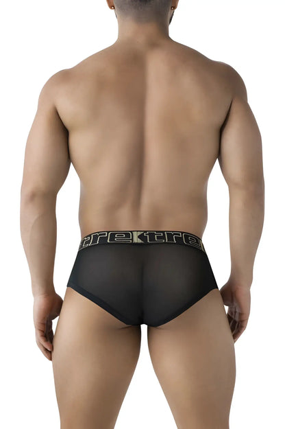 Black Xtremen 91236 microfiber briefs with sheer mesh fabric and a black elastic waistband featuring silver trek logo
