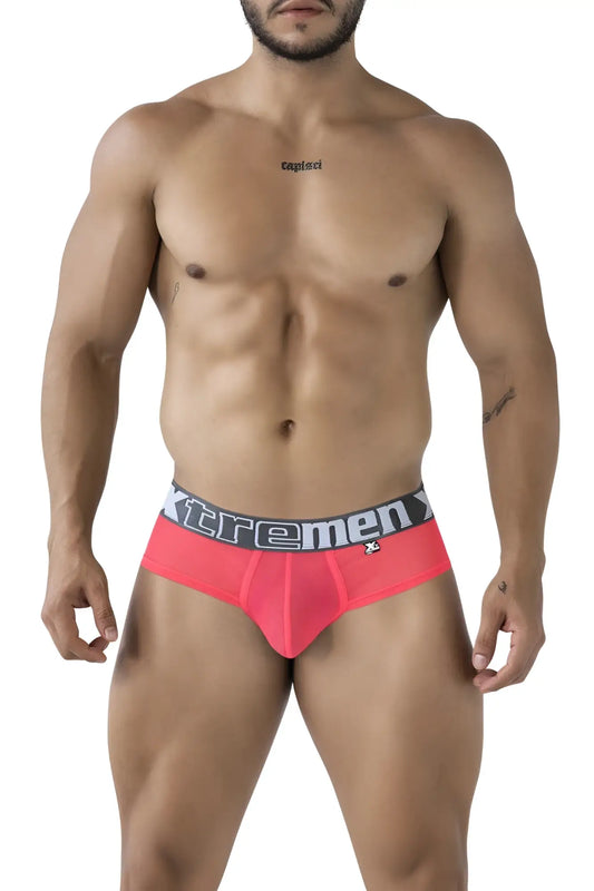 Xtremen 91236 microfiber briefs in fuchsia feature a bright pink color and a black and white xtremen waistband with logo