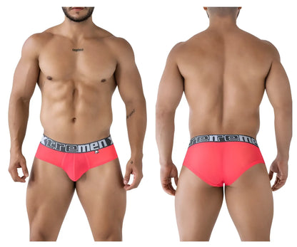 Bright pink xtremen 91236 microfiber men’s briefs with gray waistband and black xtrememen logo