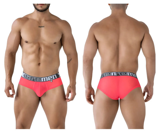 Bright pink xtremen 91236 microfiber men’s briefs with gray waistband and black xtrememen logo