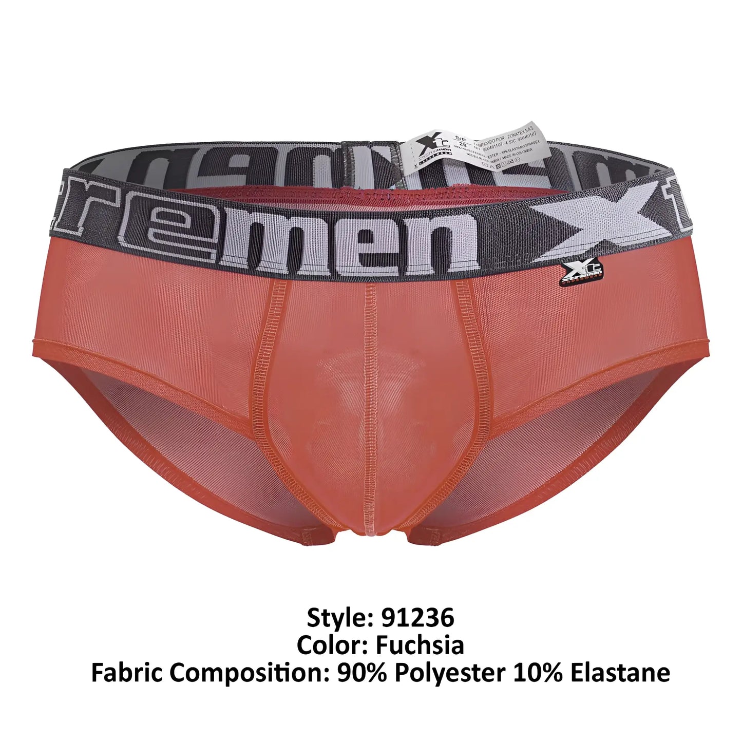 Fuchsia xtremen 91236 microfiber men’s briefs with gray elastic waistband featuring xtreme logo and branding
