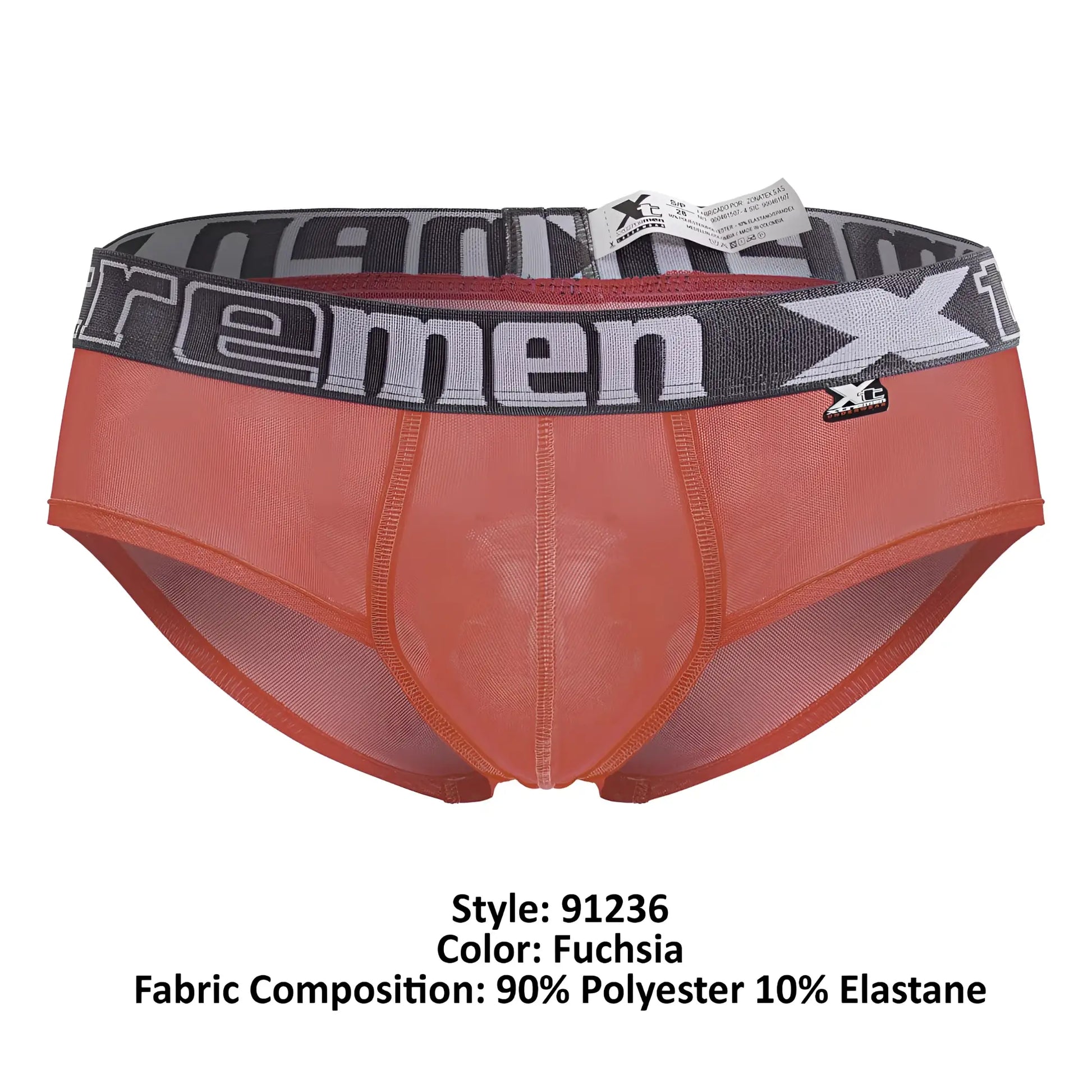 Fuchsia xtremen 91236 microfiber men’s briefs with gray elastic waistband featuring xtreme logo and branding