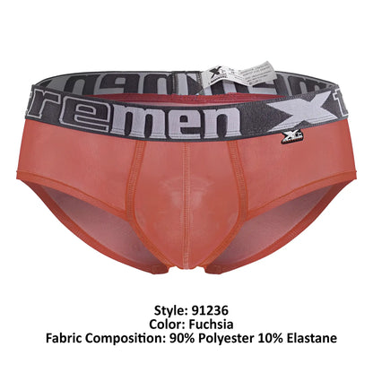 Fuchsia xtremen 91236 microfiber men’s briefs with gray elastic waistband featuring xtreme logo and branding