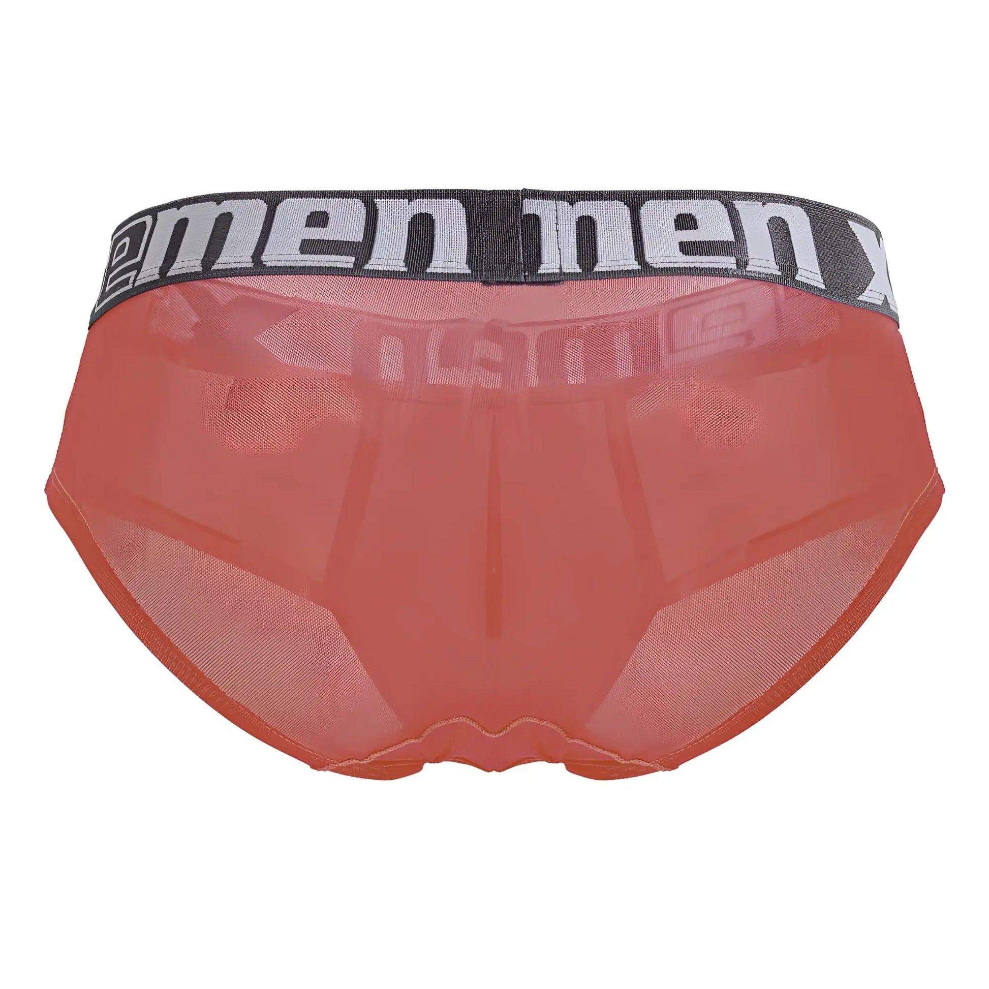 Xtremen 91236 microfiber briefs in orange sheer mesh with black elastic waistband and men logo in white lettering