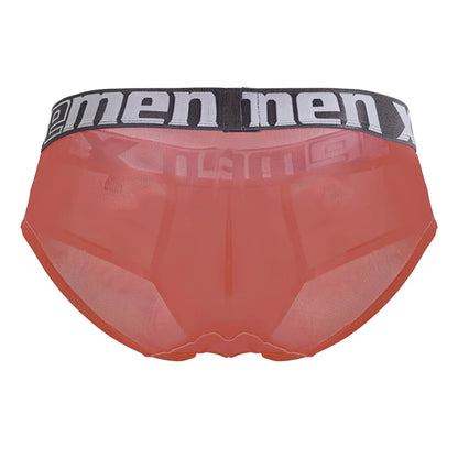 Xtremen 91236 microfiber briefs in orange sheer mesh with black elastic waistband and men logo in white lettering