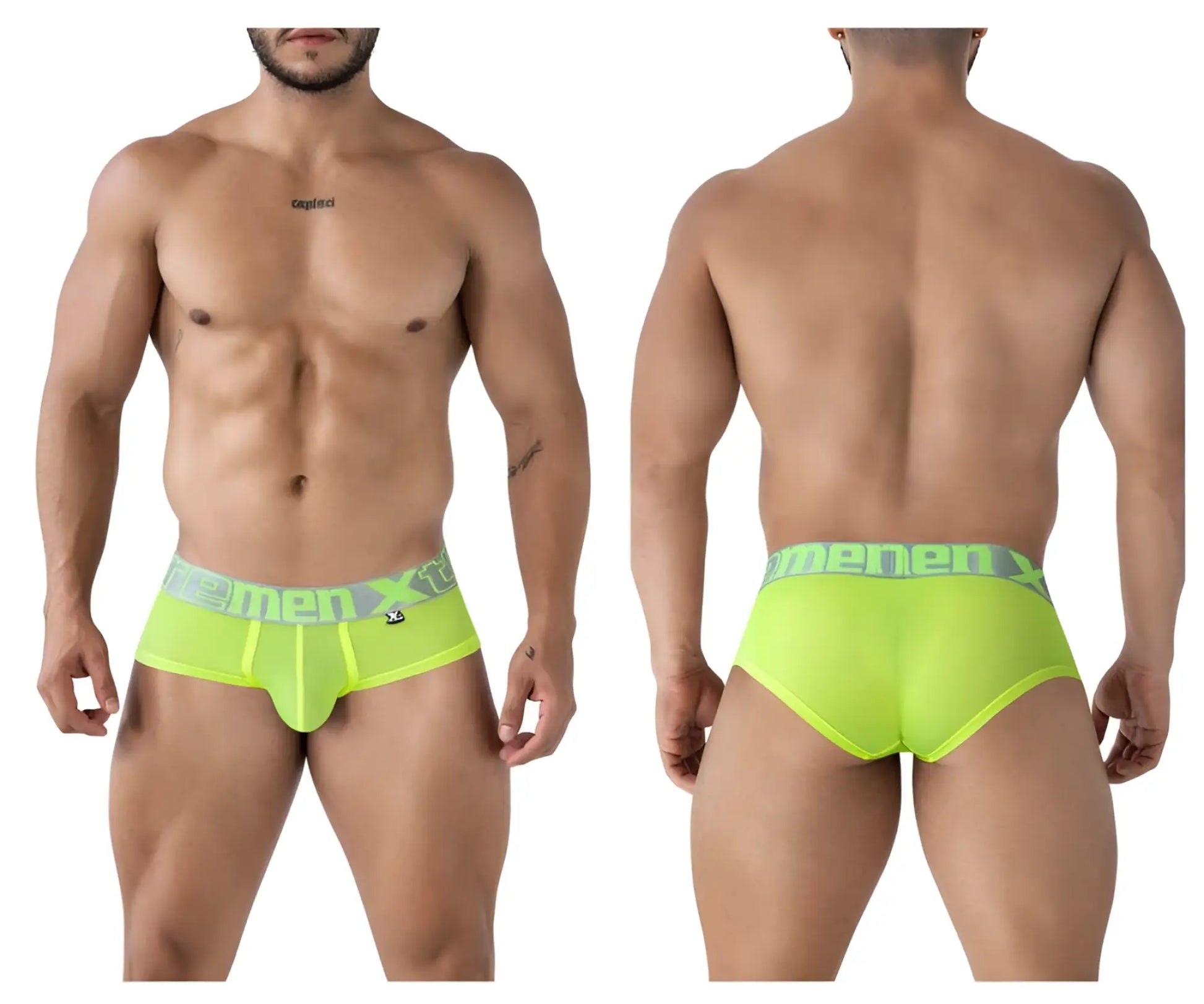 Xtremen 91236 microfiber neon green men’s briefs with bright neon green color and menx logo on elastic waistband