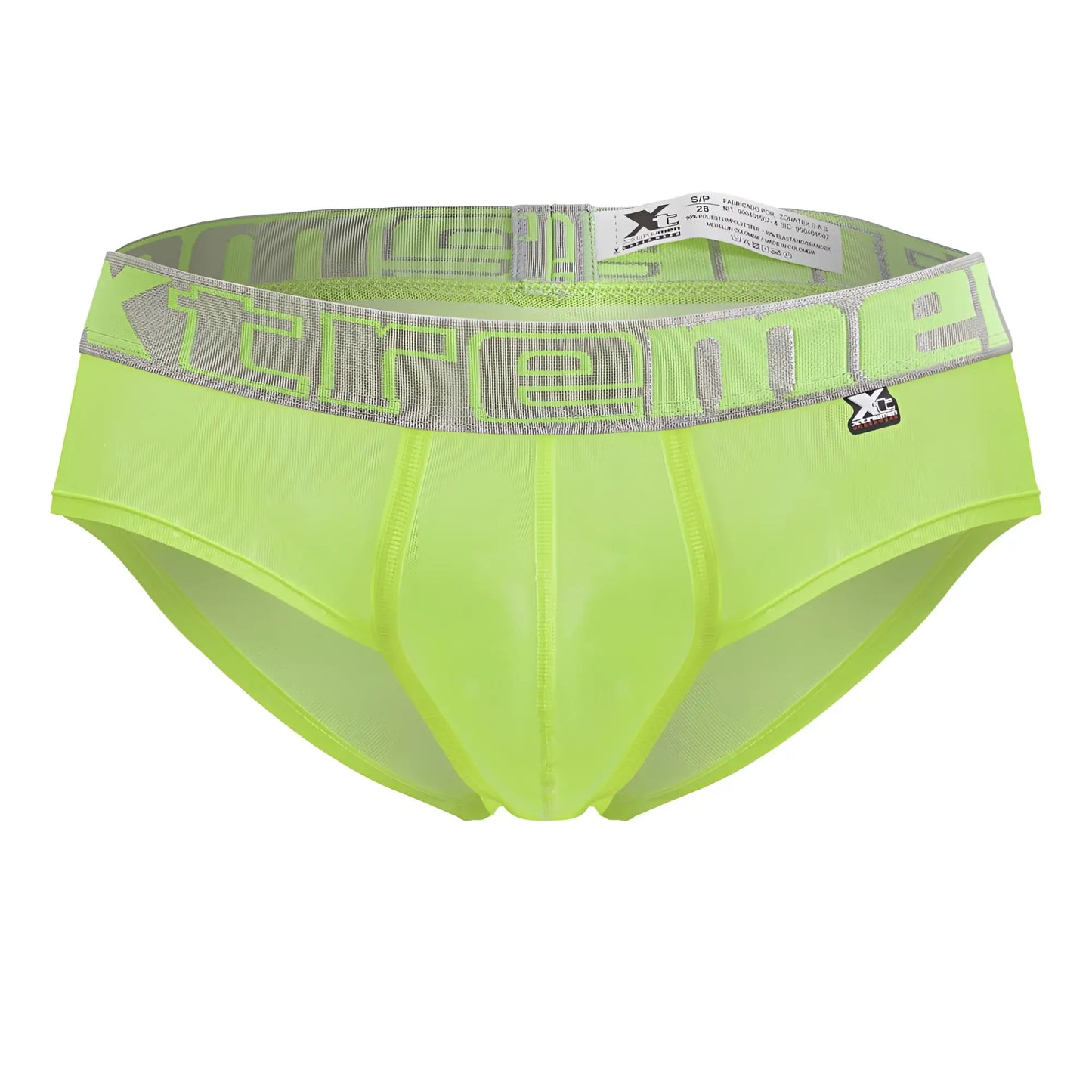 Neon green xtremen 91236 microfiber briefs with gray elastic waistband featuring bold extreme lettering