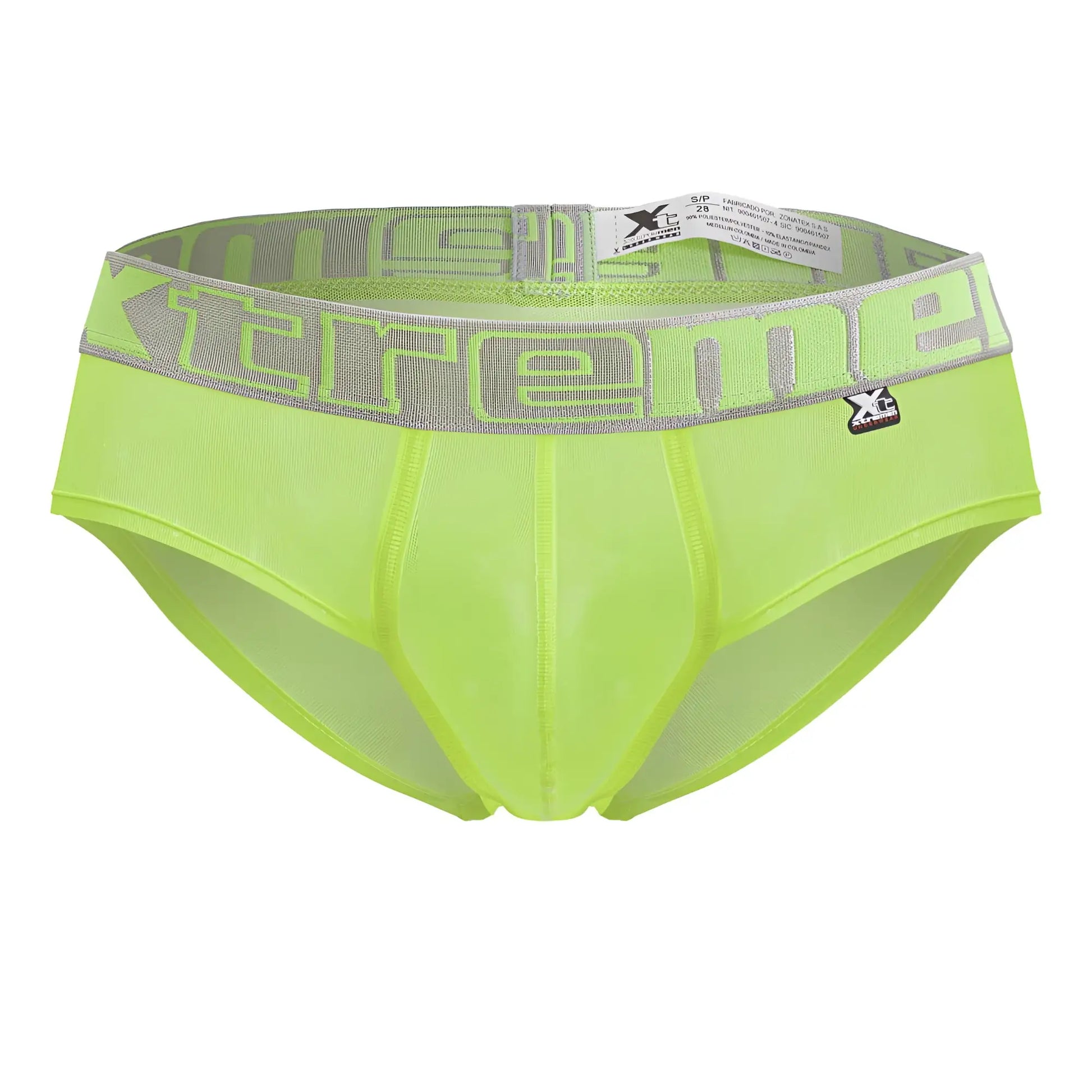 Neon green xtremen 91236 microfiber briefs with gray elastic waistband featuring bold extreme lettering
