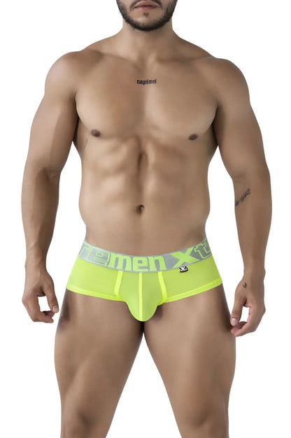 Bright neon yellow xtremen 91236 microfiber men’s briefs with gray waistband and green femen xt logo