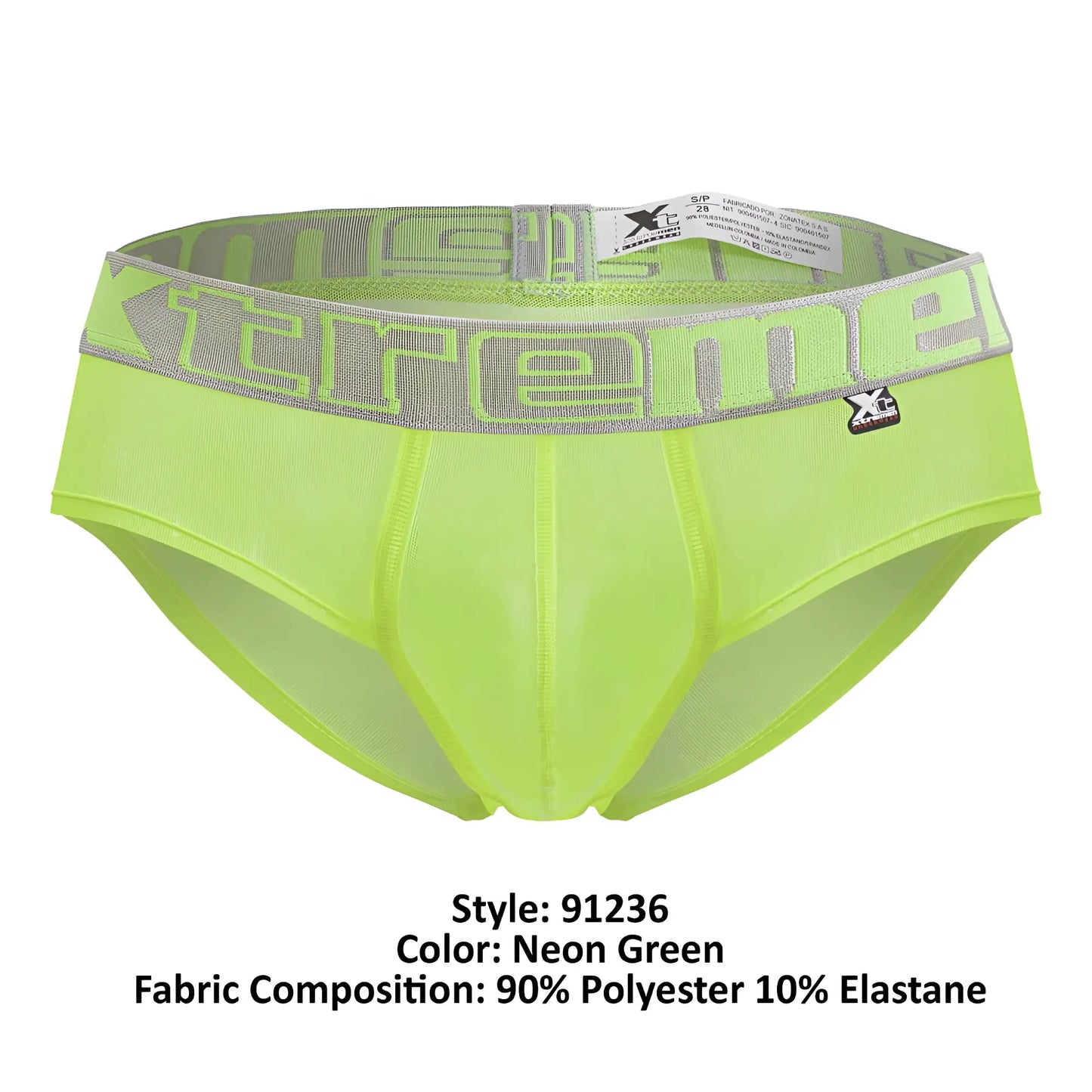 Neon green xtremen 91236 microfiber men’s briefs with gray xtreme logo band and black brand emblem