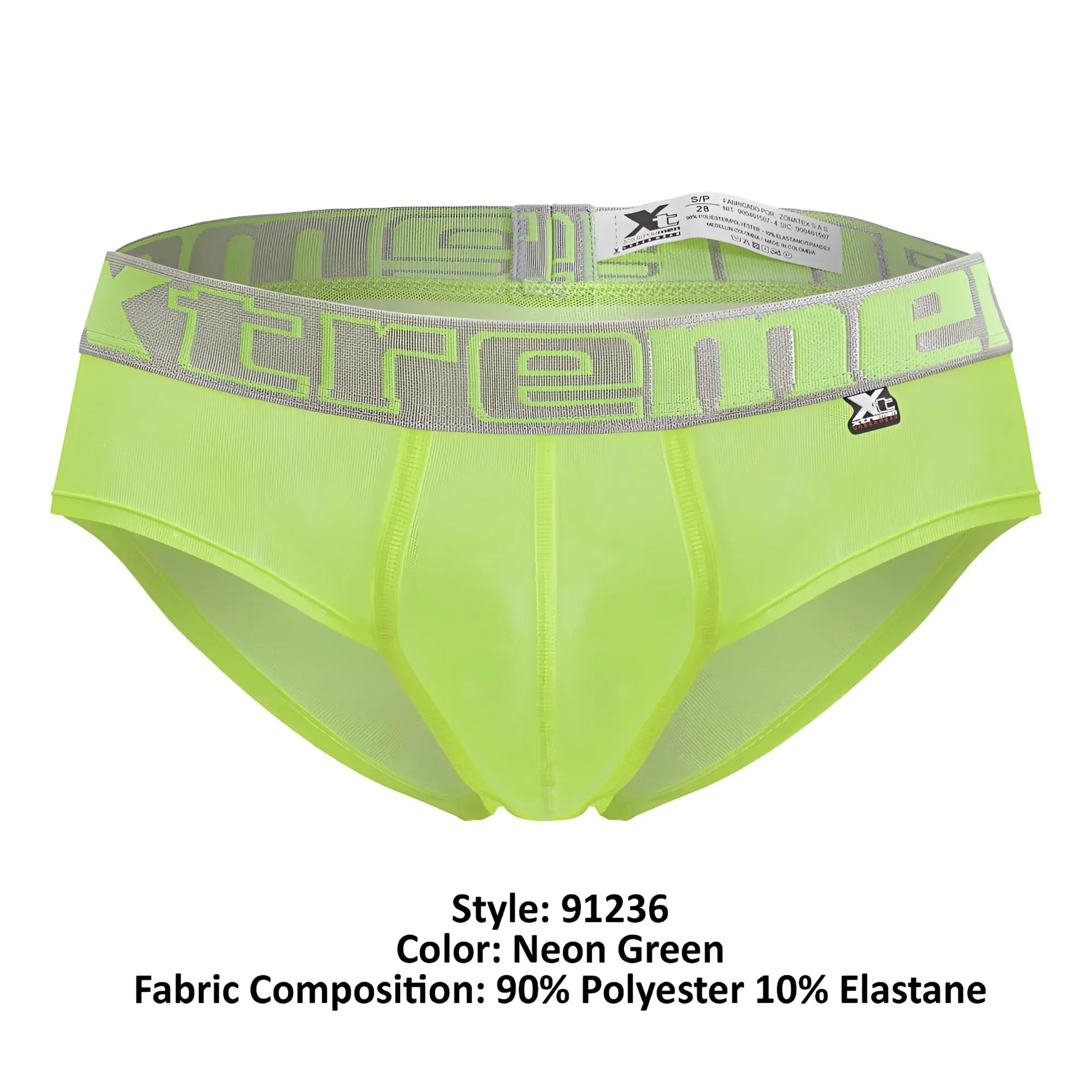 Neon green xtremen 91236 microfiber men’s briefs with gray xtreme logo band and black brand emblem