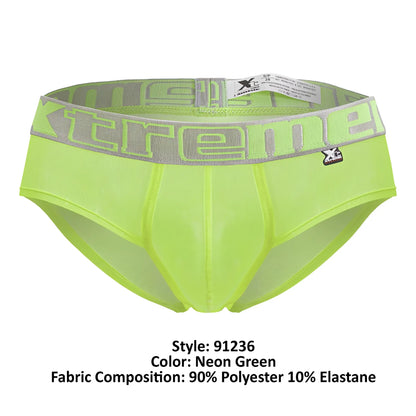 Neon green xtremen 91236 microfiber men’s briefs with gray xtreme logo band and black brand emblem