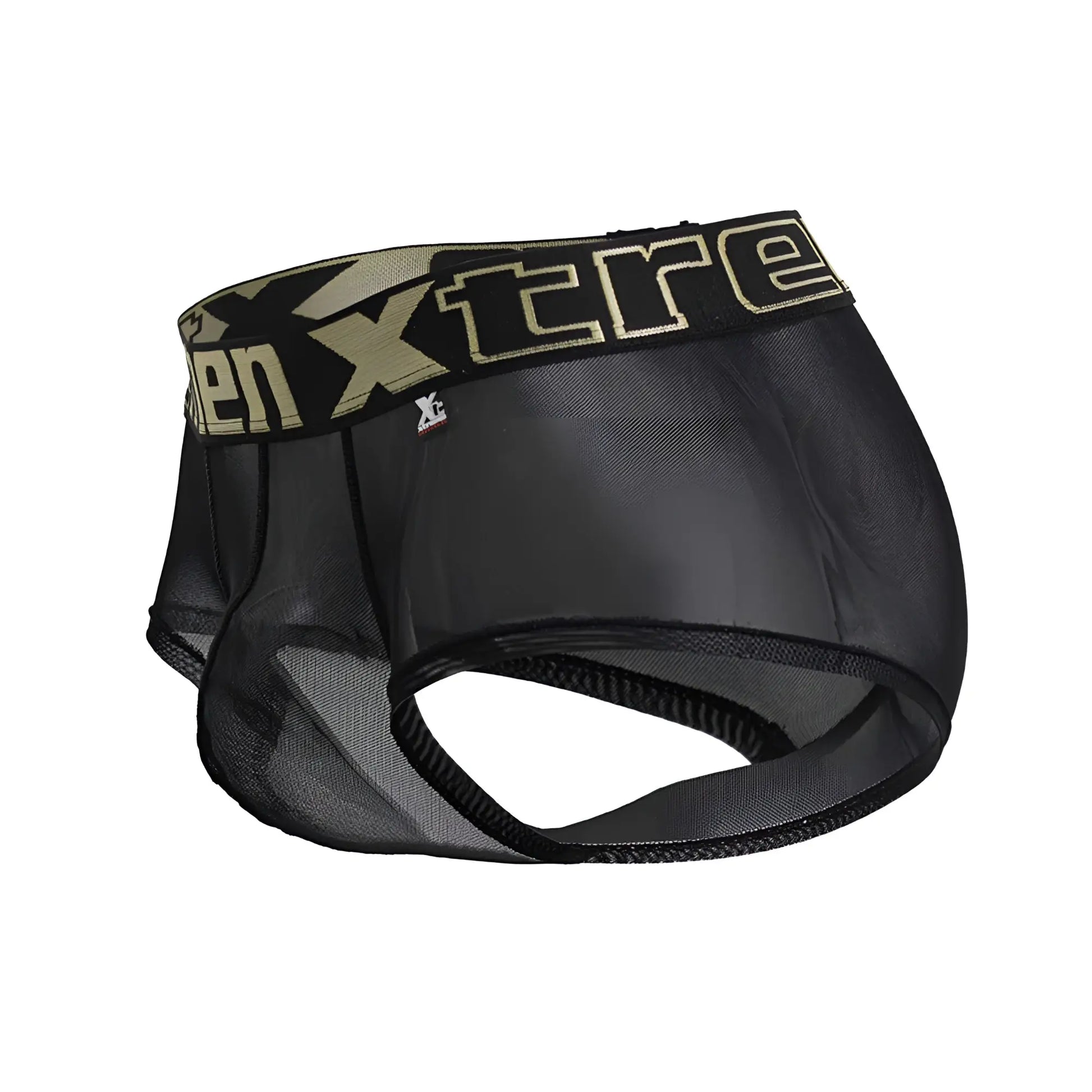 Black mesh Xtremen 91237 microfiber trunks with beige and black elastic waistband featuring xtreme logo