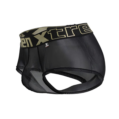 Black mesh Xtremen 91237 microfiber trunks with beige and black elastic waistband featuring xtreme logo